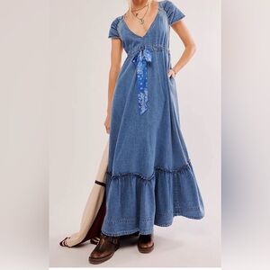 Free People Women’s Blue Denim Maxi Dress with high Tie Waist